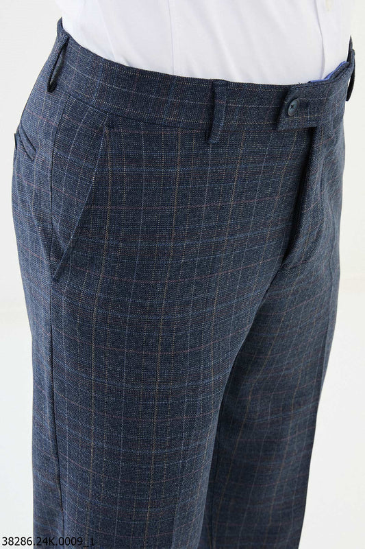 Men's Blue Checkered Formal Trousers