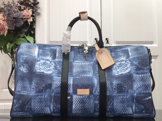 Denim-Print Travel Duffel Bag