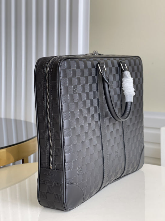 Men's Black Modern Grid Leather Laptop Briefcase Bag