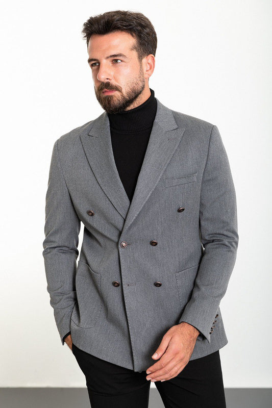 Mid-Grey Textured Double-Breasted Blazer.