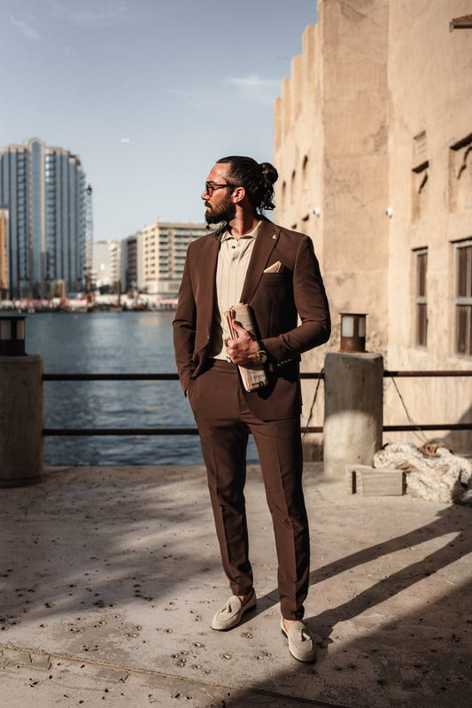 Brown Lycra Blend Tailored Suit